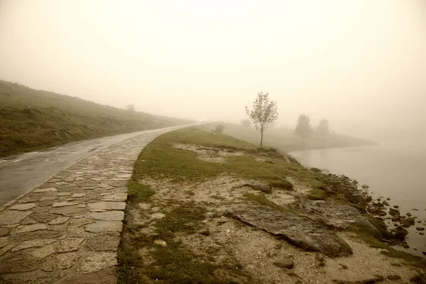 Πρωινό με ομίχλη από lago enol στα βουνά — Φωτογραφία Αρχείου