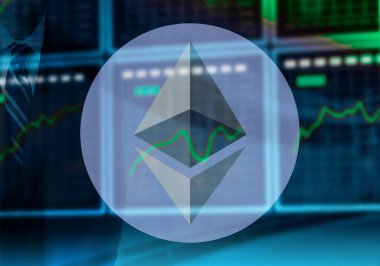 Ethereum madeni parası, borsası ve banka binası olan bir işadamı.