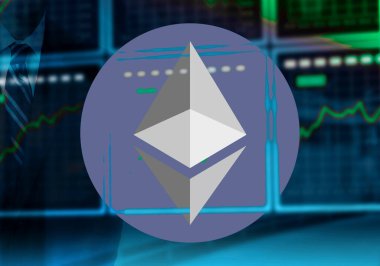 Ethereum madeni parası, borsası ve banka binası olan bir işadamı.