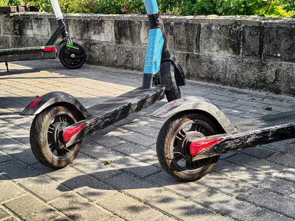 Eco Friendly Rental Electric Scooter Bike Vehicle Standing Track Way — 스톡 사진