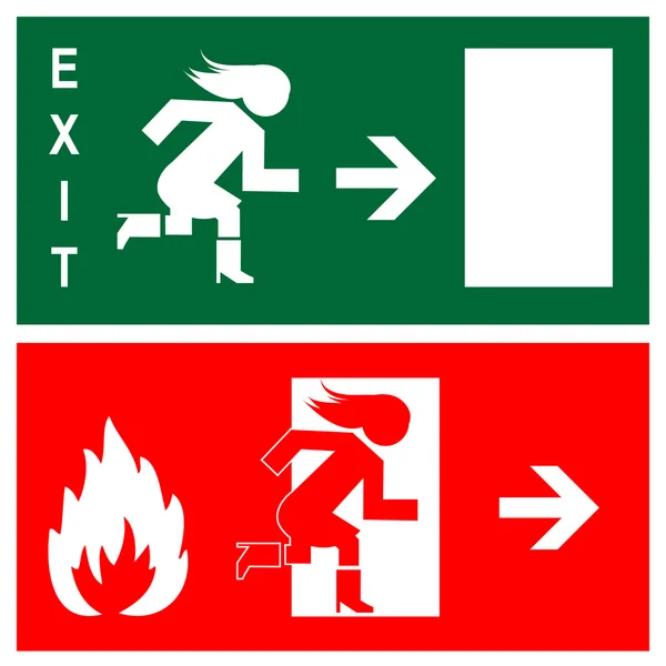 Зеленый знак аварийного выхода, значок и символ - огонь — стоковый вектор