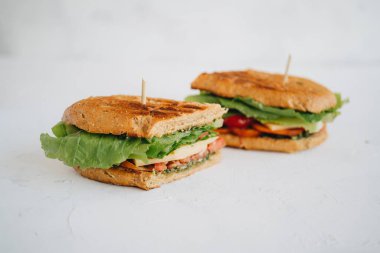Peynirli panini, domates ve pesto soslu beyaz bulanık arka plan. Üst görünüm