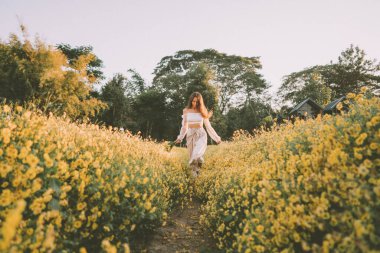 Genç ve çekici bir kadın Chiang Mai 'deki sarı çiçek tarlasında eğleniyor.