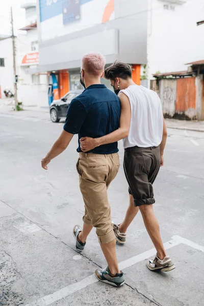 Gay Couple Spend Time Together Outdoors Homosexual Couple Walking Street — Fotografia de Stock