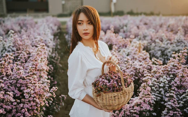 Thai Woman Basket Flowers Purple Flower Field — Stok fotoğraf