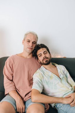 Gay couple sitting on sofa in their house