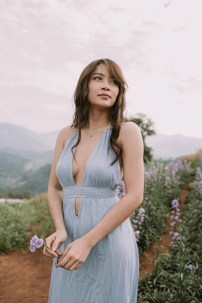 Portrait Asian Happy Young Woman Blue Dress Enjoying Purple Blooming — 스톡 사진