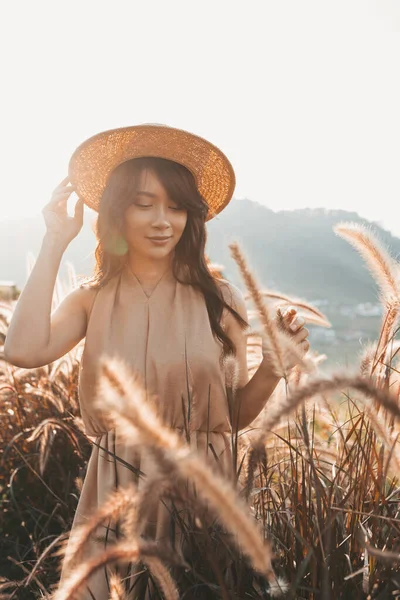 Portrait Asian Happy Young Woman Hat Spikelets Mon Jam Thailand — стокове фото