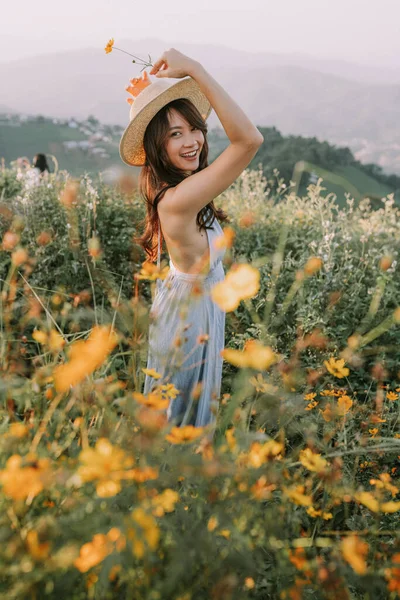 Portrait Asian Happy Young Woman Hat Flower Field Mountains Mon — 스톡 사진