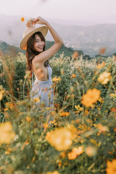 Portrait Asian Happy Young Woman Hat Flower Field Mountains Mon — Zdjęcie stockowe