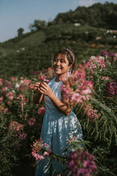 Thai woman is walking in flower field — Zdjęcie stockowe