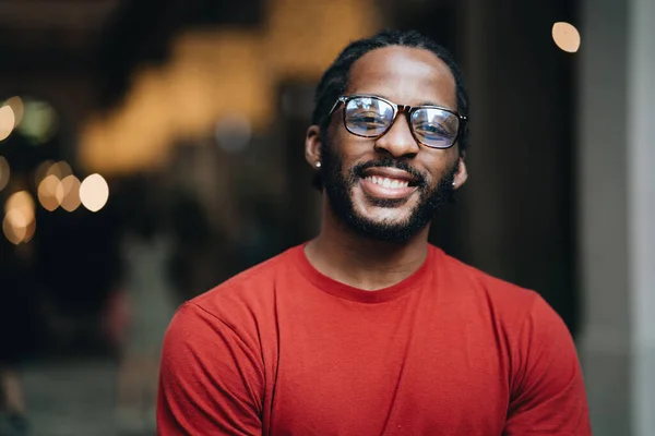 Portrait Young Black Man Red Shirt Eyeglasses — Stock Photo, Image