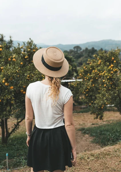 Hasır Şapkalı Bir Kadın Turuncu Bir Bahçede Yürüyor Yüksek Kalite — Stok fotoğraf