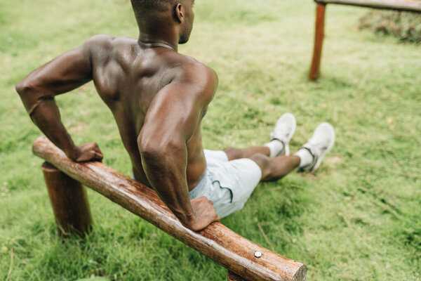 Black man doing triceps dip exercise on a bench.. High quality photo