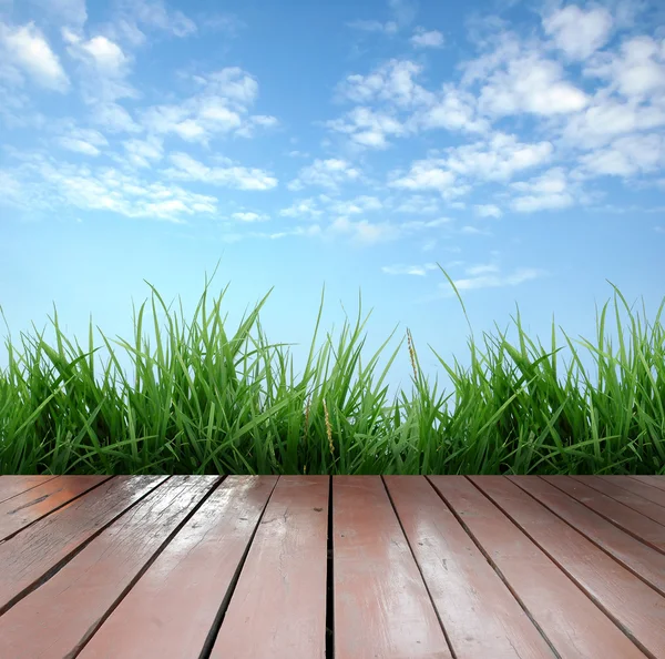 Dřevěné terasy a modrá obloha — Stock fotografie