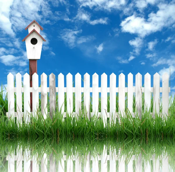 Wooden fence with green grass and blue sky — Stock Photo, Image