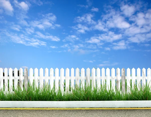 Wooden fence with green grass and blue sky — Stock Photo, Image