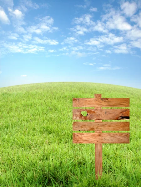 Enseigne en bois avec herbe et ciel bleu — Photo