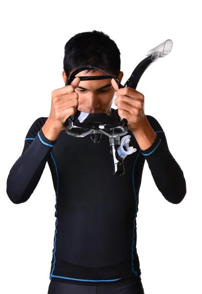 Człowiek z snorkeling sprzęt na białym tle — Zdjęcie stockowe