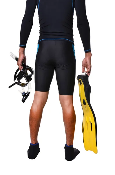 Człowiek z snorkeling sprzęt na białym tle — Zdjęcie stockowe