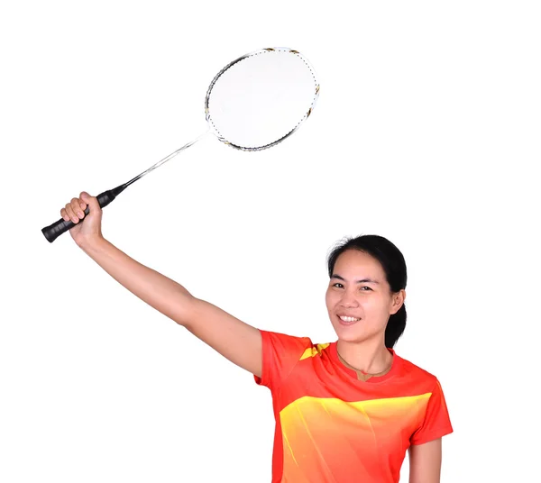 Beyaz arka plan üzerinde izole badminton oyuncu — Stok fotoğraf