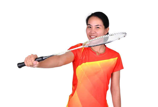 Beyaz arka plan üzerinde izole badminton oyuncu — Stok fotoğraf