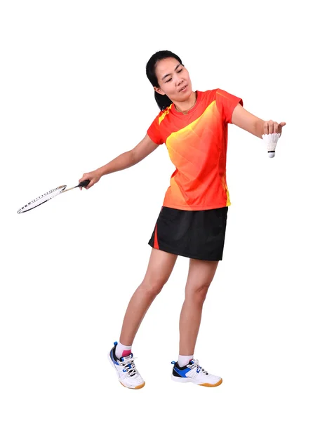 Badminton-speelster geïsoleerd op witte achtergrond — Stockfoto