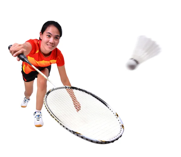 Beyaz arka plan üzerinde izole badminton oyuncu — Stok fotoğraf
