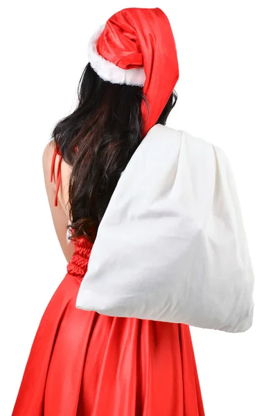 Santa mulher segurando um saco branco — Fotografia de Stock