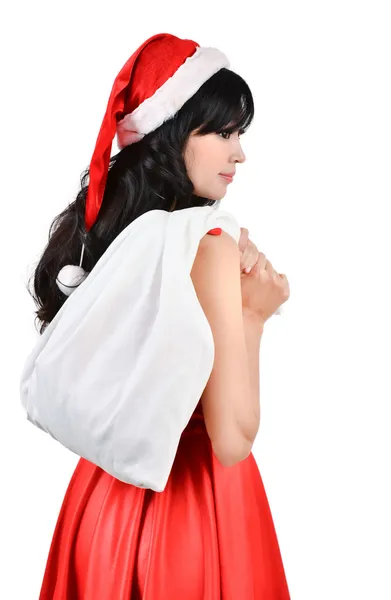 Санта-женщина с белой сумкой — стоковое фото