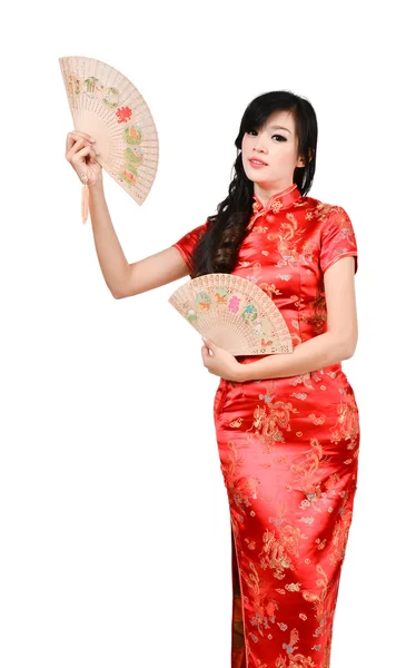 중국 전통 복장 치파오와 구멍 c와 예쁜 여자 — 스톡 사진