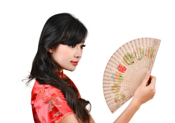 Mujeres bonitas con vestido tradicional chino Cheongsam y agujero C — Foto de Stock