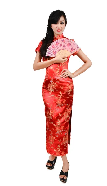 中国の伝統的なドレス チャイナ ドレスと穴 c ときれいな女性 — ストック写真