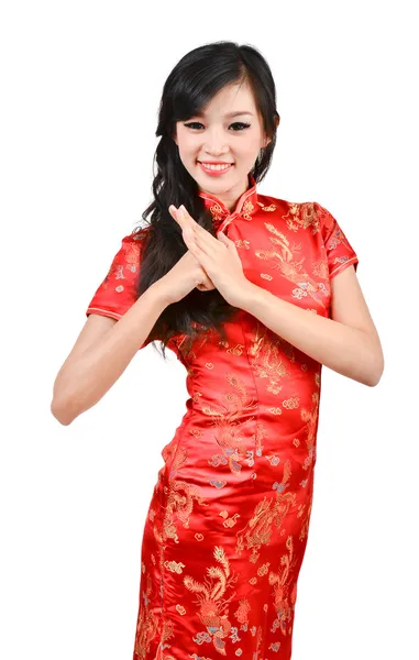 Красивая девушка с Чхонсам желает тебе счастливого китайского нового года — стоковое фото