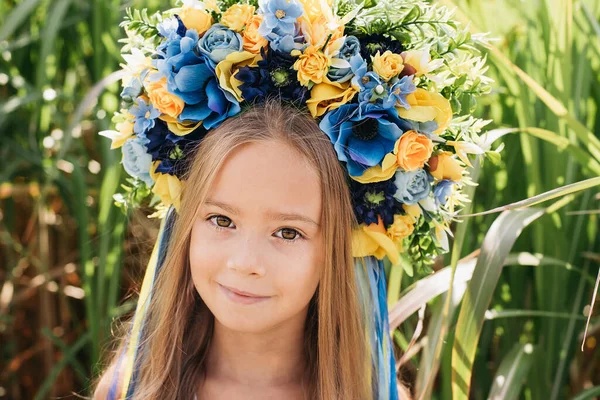 Дівчата Традиційному Українському Вінку Синьому Жовтому Прапорах України Полі День — стокове фото