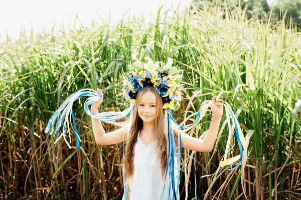 Κορίτσι Παραδοσιακό Ουκρανικό Στεφάνι Στο Κεφάλι Μπλε Και Κίτρινη Σημαία — Φωτογραφία Αρχείου