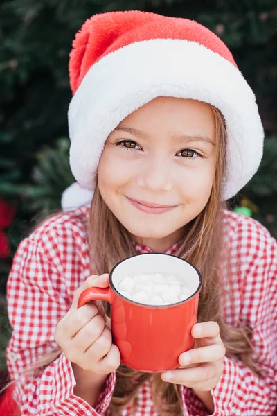 Merry Christmas Portrait Funny Child Girl Santa Hat Eating Gingerbread — Stock Photo, Image