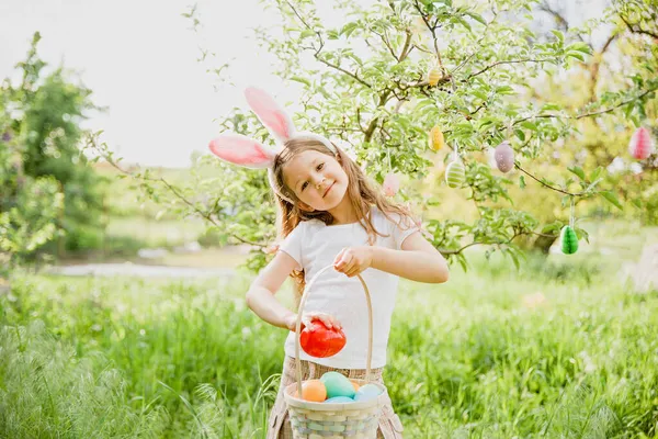 Easter Egg Hunt Girl Child Wearing Bunny Ears Running Pick — Stock Photo, Image