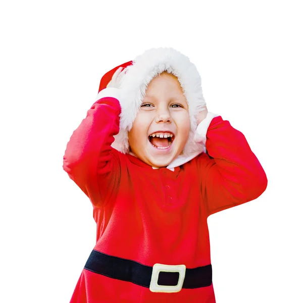 Portré érzelmi boldog kislány piros ruhában elszigetelt fehér háttér nyírás útvonal. — Stock Fotó