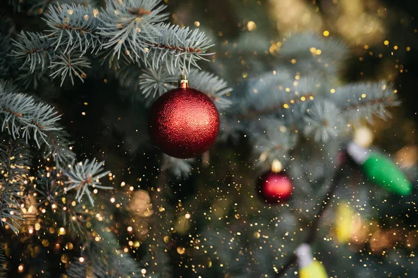 Διακοσμημένο χριστουγεννιάτικο δέντρο στο πάρκο πεύκων. Καλά Χριστούγεννα. Κάρτα νέου έτους. — Φωτογραφία Αρχείου
