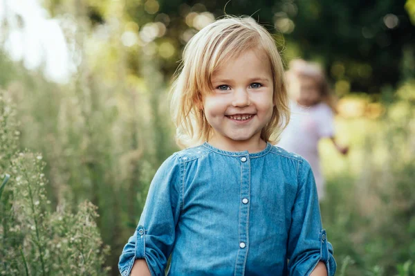 Close-up portret van gelukkig schattig klein meisje in het veld van wilde bloemen — Stockfoto