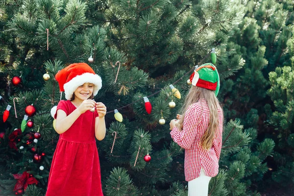 メリークリスマス。肖像画の二つの幸せな面白い子供たちの女の子でサンタ帽子待っていますのクリスマス — ストック写真