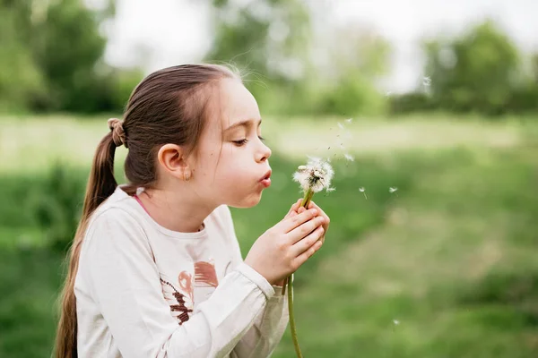 Meisje blazen paardebloemen bloem selectieve focus. Allergie seizoen. — Stockfoto