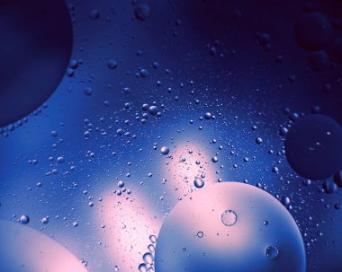 Neon arka planında baloncuklar olan yağ. Soyut alan arkaplanı.