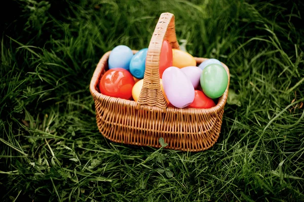 Oeufs de Pâques colorés dans le panier sur l'herbe verte en plein air. Concept de fond de Pâques. — Photo