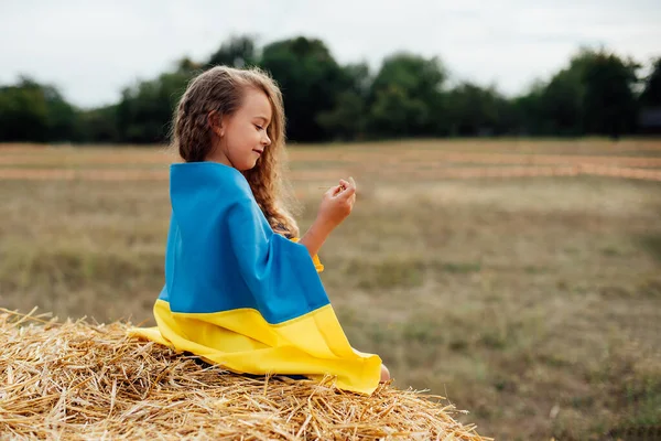 Oekraïense kind meisje in geborduurd shirt vyshyvanka met gele en blauwe vlag van Oekraïne in het veld. — Stockfoto