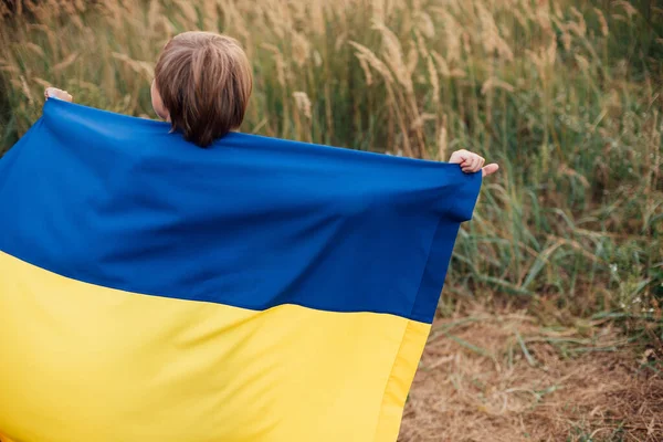 Día de la Bandera de la Independencia de Ucrania. Día de la Constitución. Niño ucraniano en camisa con bandera amarilla y azul de Ucrania en el campo. — Foto de Stock