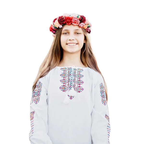 Ukrainian child girl in embroidered shirt vyshyvanka of Ukraine isolated on white background — Stock Photo, Image