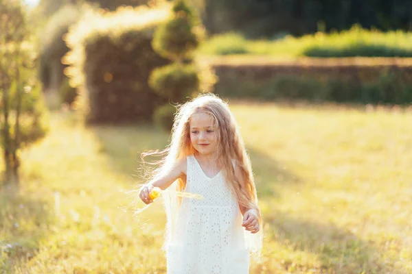 子供が旋回し、牧草地で踊ります。泡で楽しい女の子.可愛いです小さな髪ブロンド女の子ダンスとともに石鹸バブルで日没公園 — ストック写真