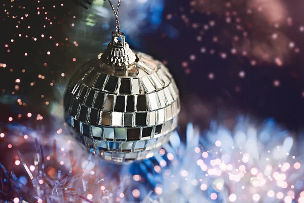 Closeup Christmas Disco Ball Blurred Sparkling Fairy Light Background Happy — Foto Stock
